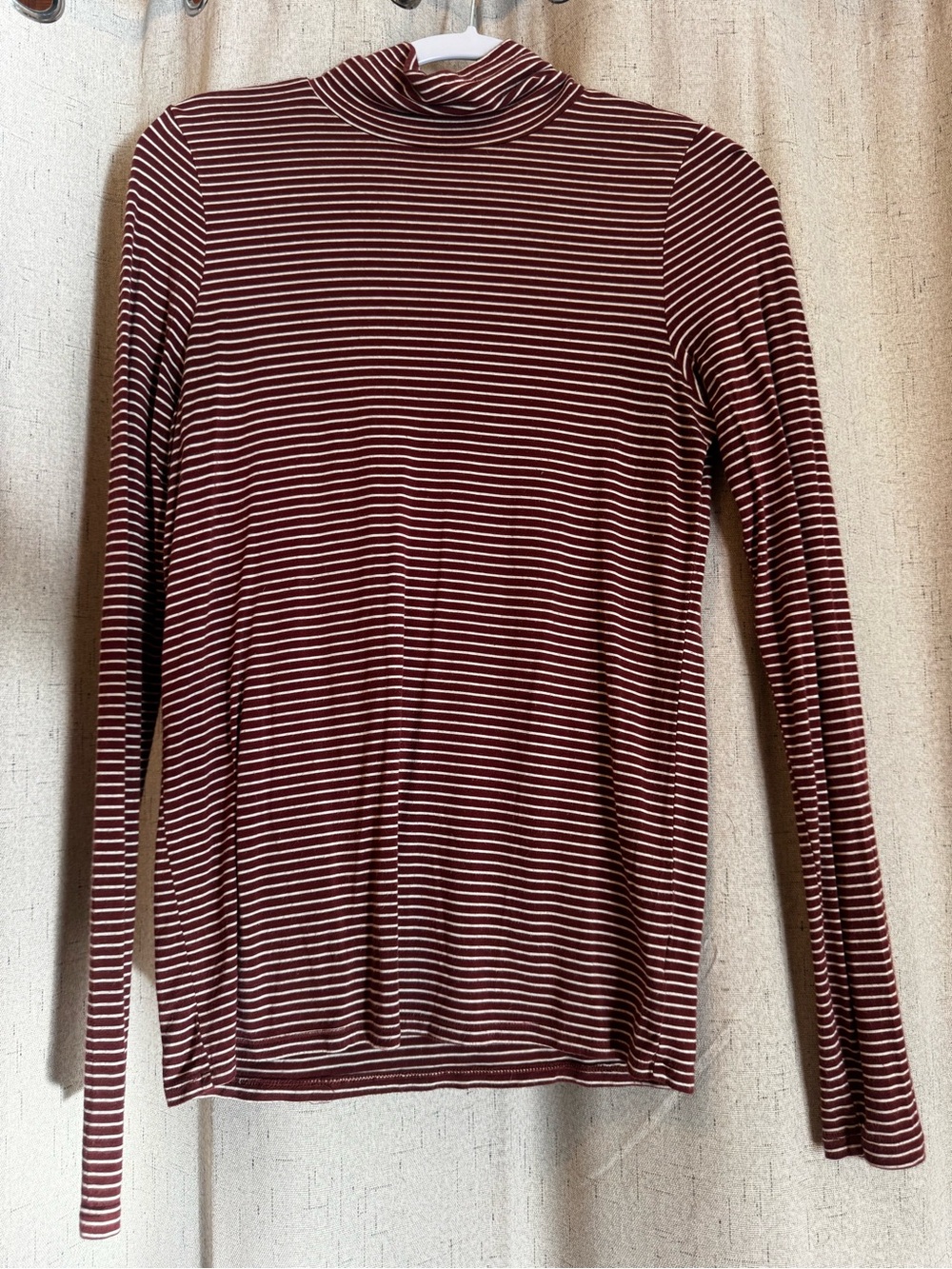 Striped Long-Sleeve Mock Neck Top in Burgundy and White